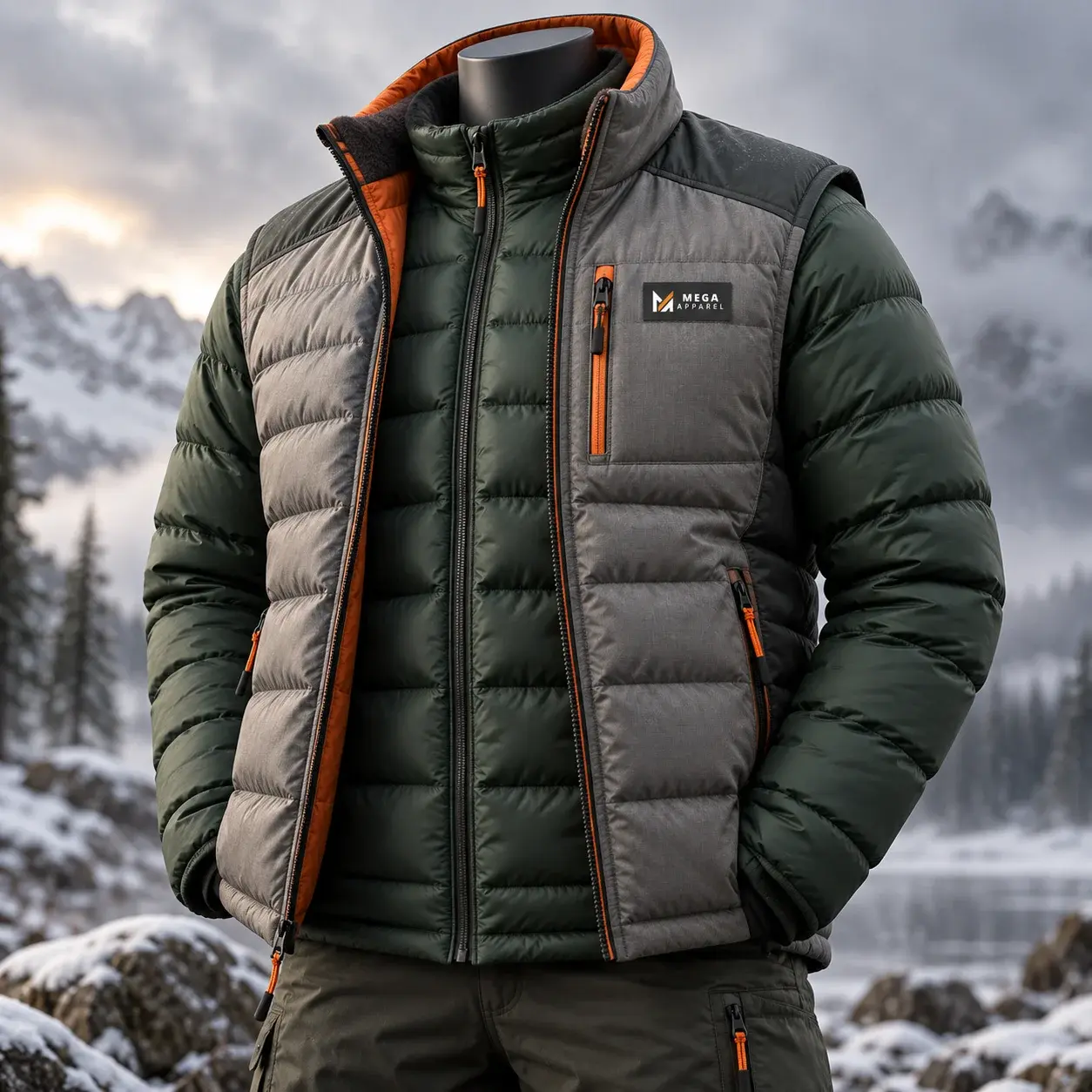 Insulated hunting jacket and quilted vest in dark green and gray with orange zipper accents, warm padded construction, and a visible Mega Apparel logo, displayed on a mannequin in a snowy mountain setting.